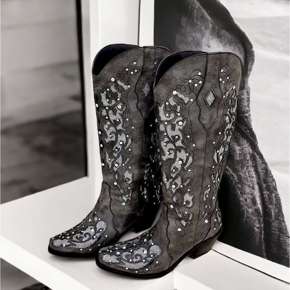 NWT Embroidered & Embellished Heeled Cowboy Boots - Gunmetal Gray